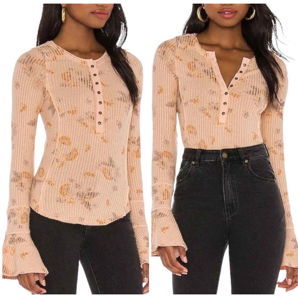 Free People Layer Me Henley Ribbed Peach Floral Bell Sleeve‎ Top Boho Retro S